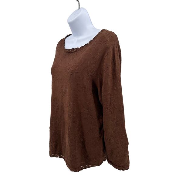 Pendleton Brown Floral 3/4 Sleeve Top Womens Large Jacquard Lace Trim Silk Blend - Picture 3 of 8